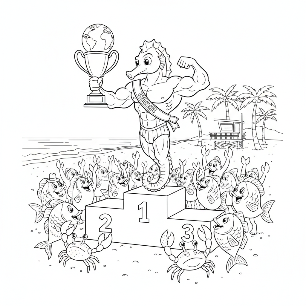 Coloring page from a mini story about a muscular seahorse bodybuilder winning the Mr. Universe contest.