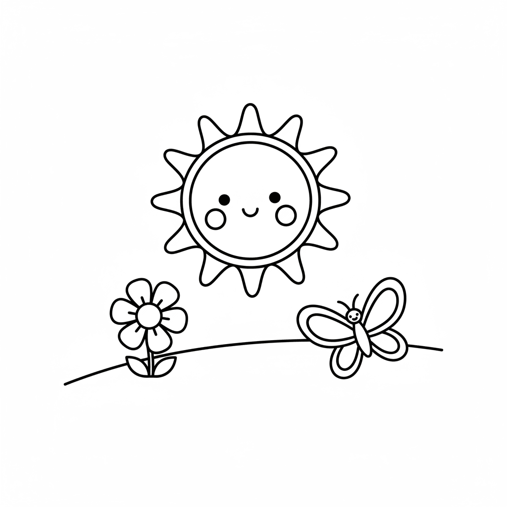 Malvorlage: Eine fröhliche Sonne über einer Blumenwiese