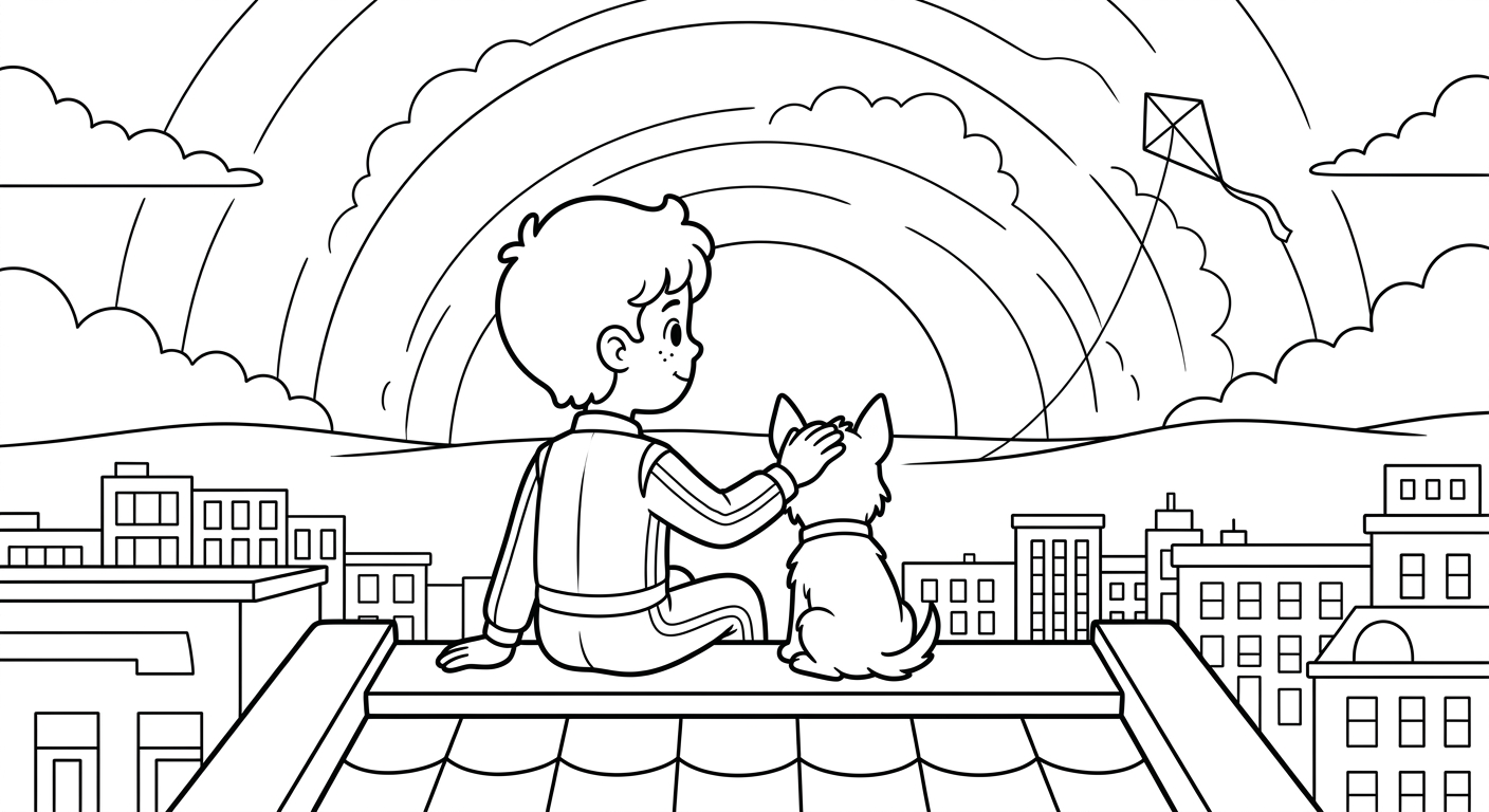 Coloring page from a mini story about a dog driving a colorful sports car through a vibrant city. – page 4