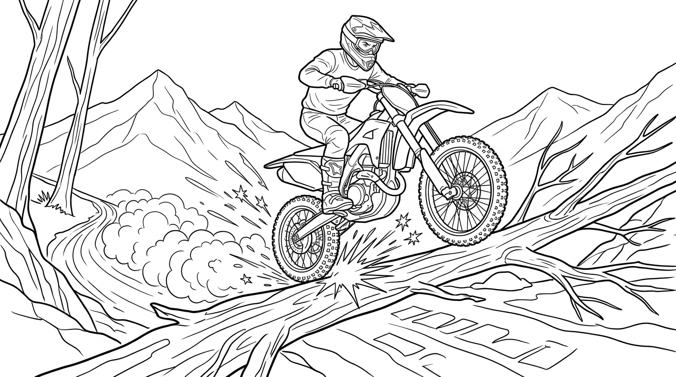 Coloring page from a mini story about a motocross rider kicking up dust on an off-road track. – page 4
