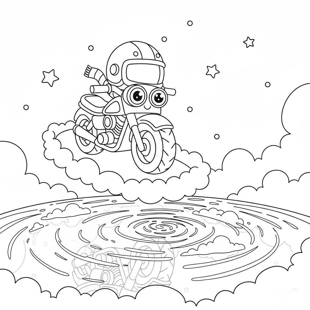 Coloring page from a mini story about a happy motorcycle wearing a helmet and riding on a cloud road. – page 3