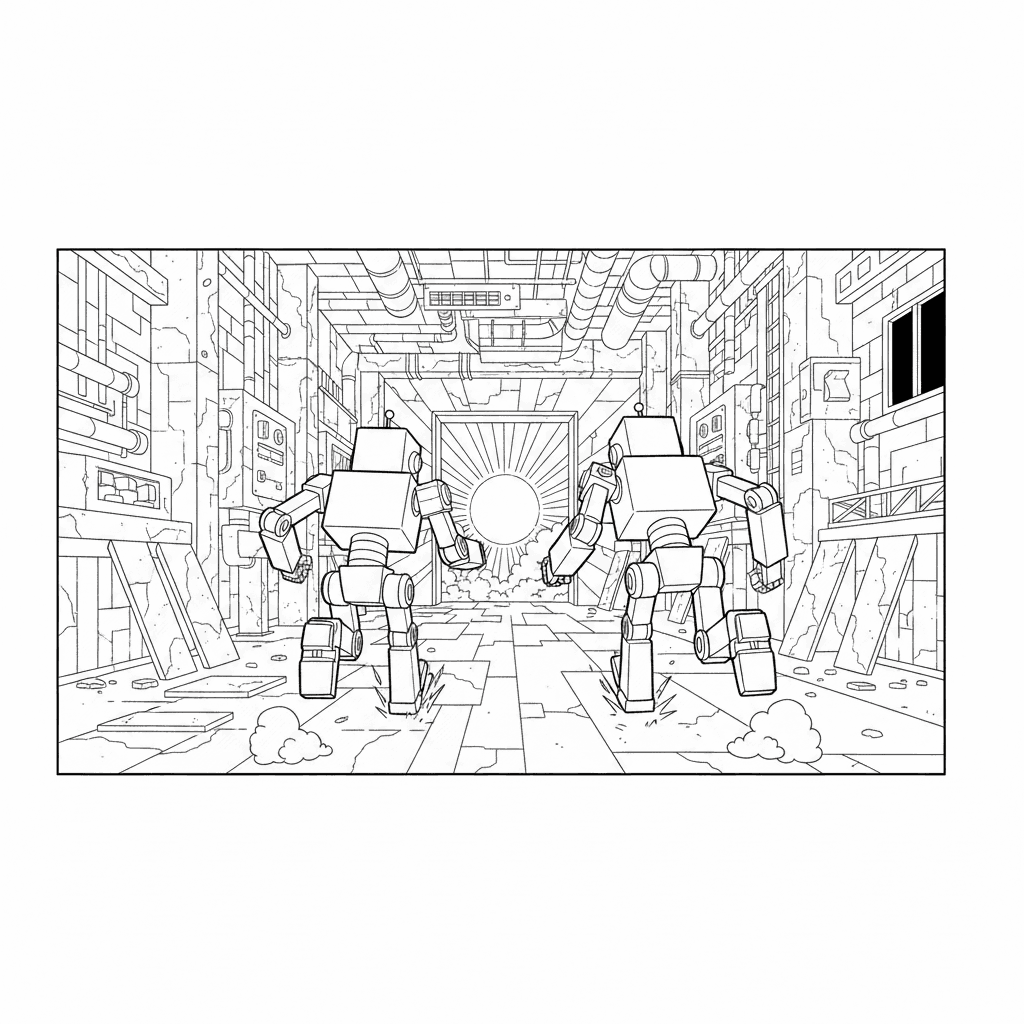 Coloring page from a mini story about a Kubo robot who falls in love with another robot and they escape the factory assembly line. – page 4
