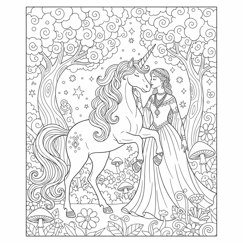 Ein Einhorn und eine Prinzessin mit Schmuck, Kette, Ohrri…