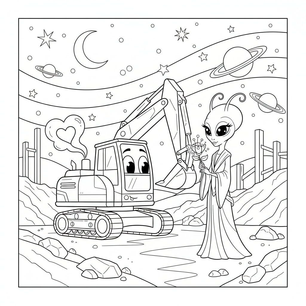 Coloring page from a mini story about a construction digger falling in love with an alien.