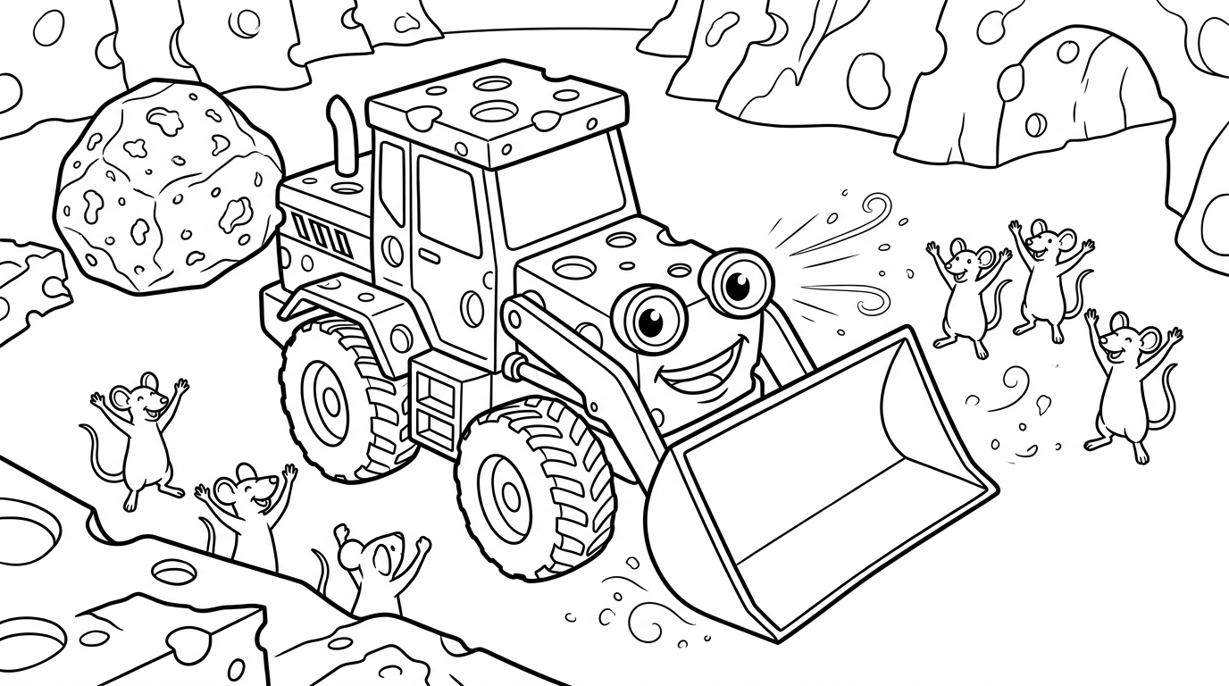 Coloring page from a mini story about a cheese digger toy and mouse construction workers. – page 4