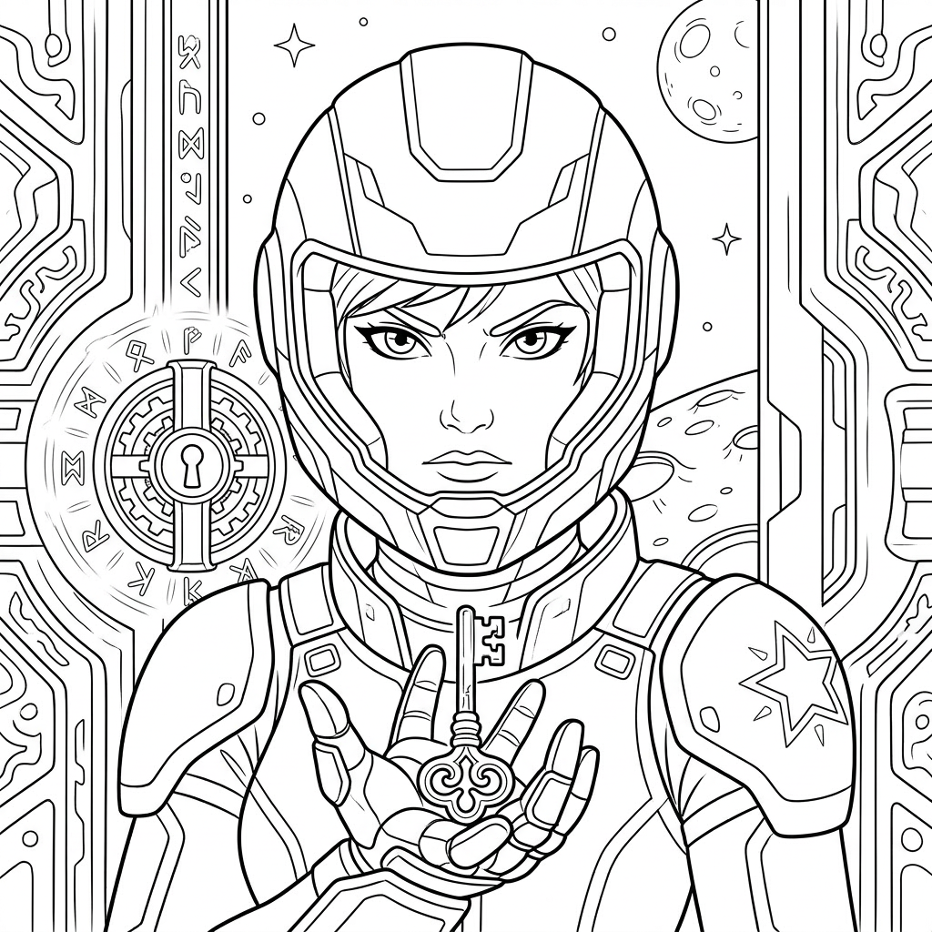 Coloring page from a mini story about a cosmic motorcycle jumping over a moon landscape. – page 3