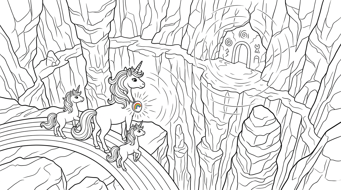 Coloring page from a mini story about a unicorn family happily prancing on a rainbow. – page 4