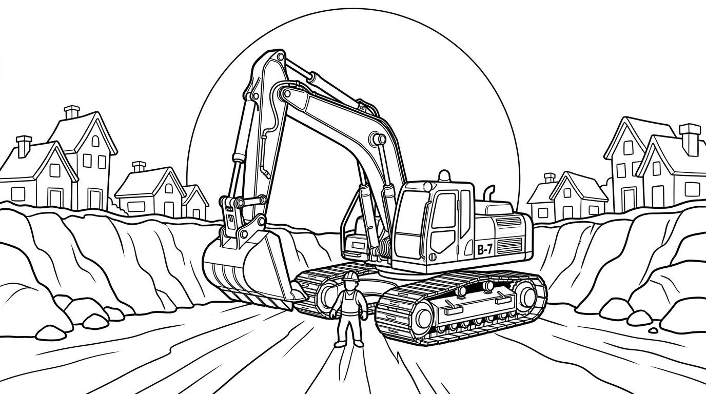 Coloring page from a mini story about a little digger on a miniature construction site. – page 4