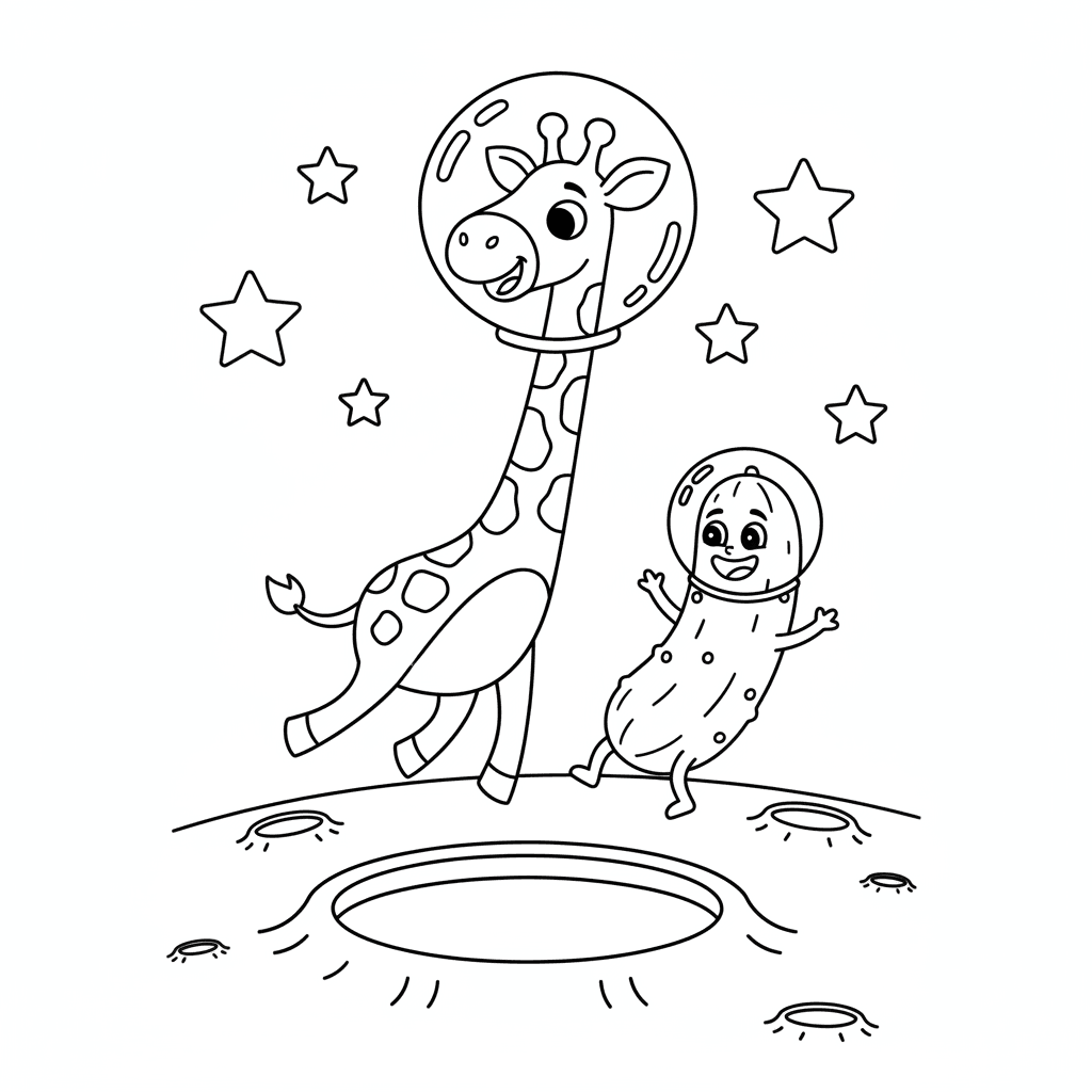 Malvorlage: Eine Giraffe hüpft über den Mond und trifft eine lachende