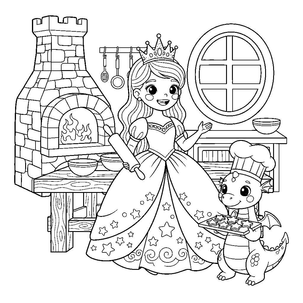 Malvorlage: Eine Prinzessin und ihr Drache backen zusammen leckere Kekse