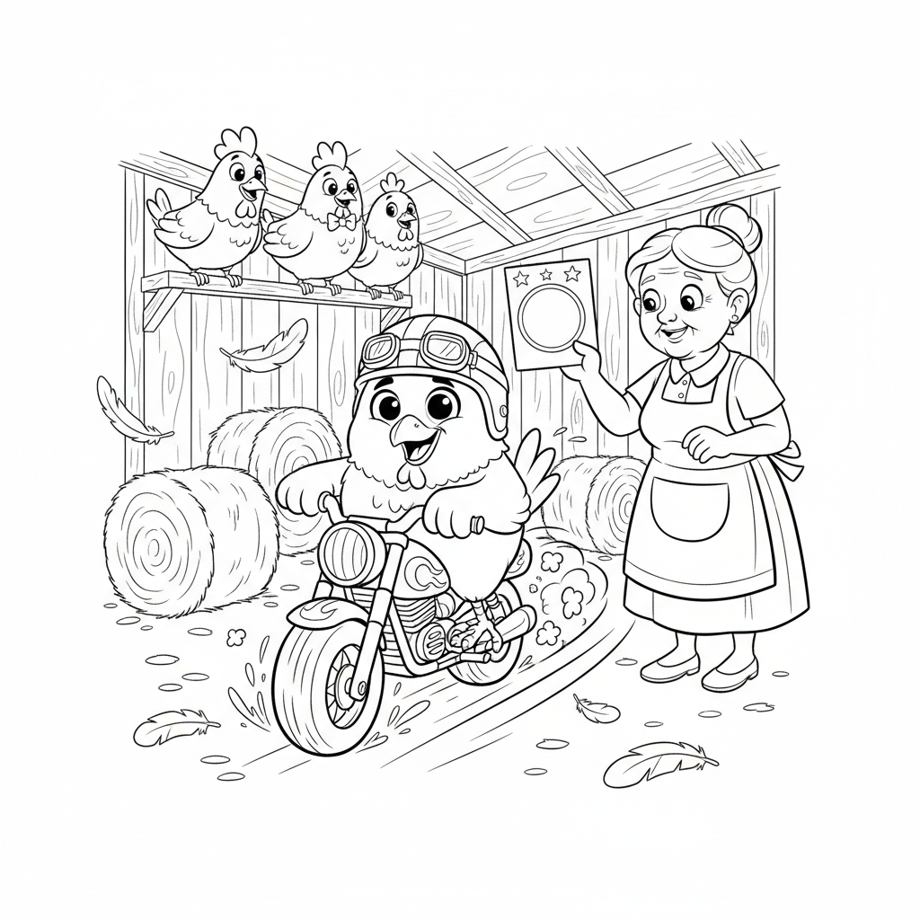Coloring page from a mini story about a chicken riding a motorcycle in a coop while grandma gives points.