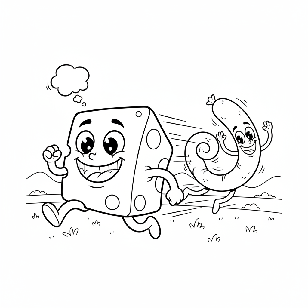 Coloring page from a mini story about a happy cheese being chased by a laughing sausage.