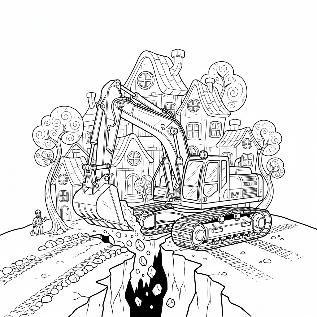 Coloring page from a mini story about a little digger on a miniature construction site. – page 3