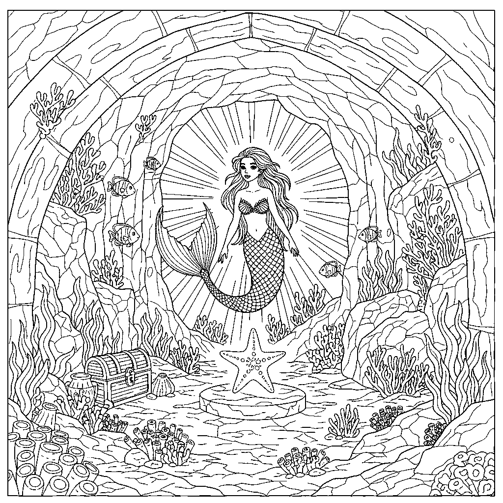 Coloring pages from a mini story about a mermaid searching for hidden treasure in a coral reef. – page 4