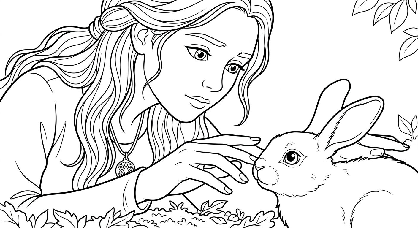 Coloring page from a mini story about a girl solving the secret of the forest, featuring two bunnies sitting back-to-back. – page 3