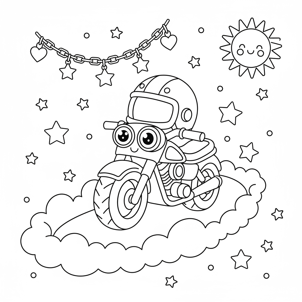 Coloring page from a mini story about a happy motorcycle wearing a helmet and riding on a cloud road.