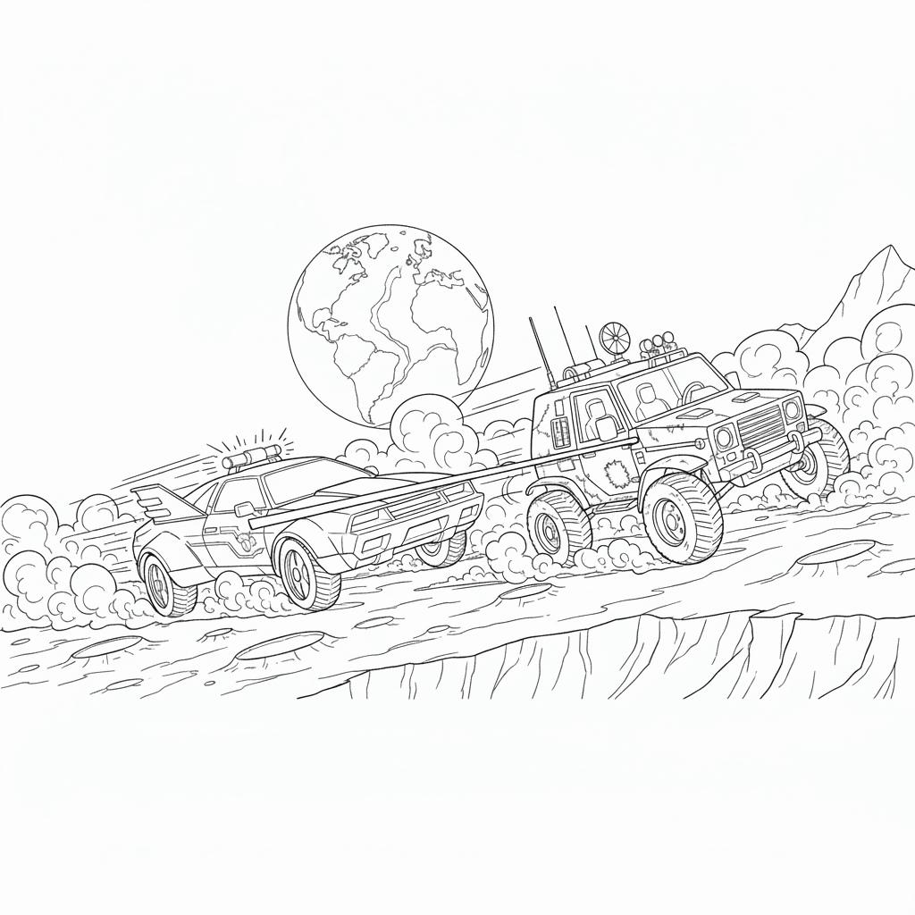 Coloring page from a mini story about a futuristic police car chasing an old moon rover on the moon. – page 4