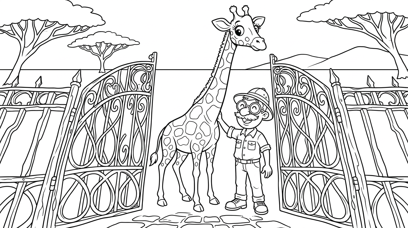 Coloring page from a mini story about a zookeeper and a giraffe at the zoo. – page 3