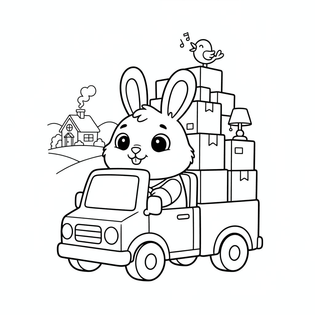 Malvorlage: Ein kleiner Hase zieht mit seinem vollen Umzugswagen