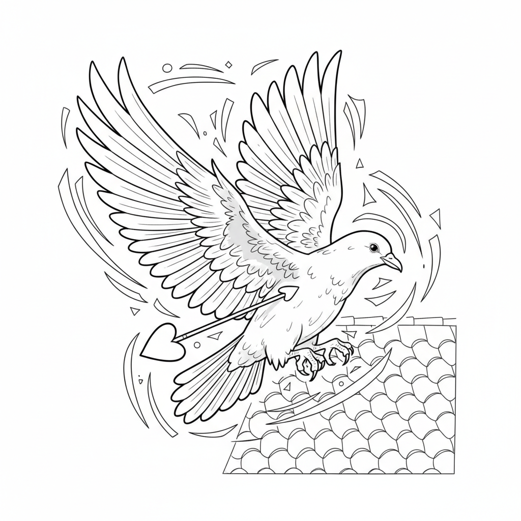 Coloring page from a mini story about a dove transformed into an eagle by a love arrow.