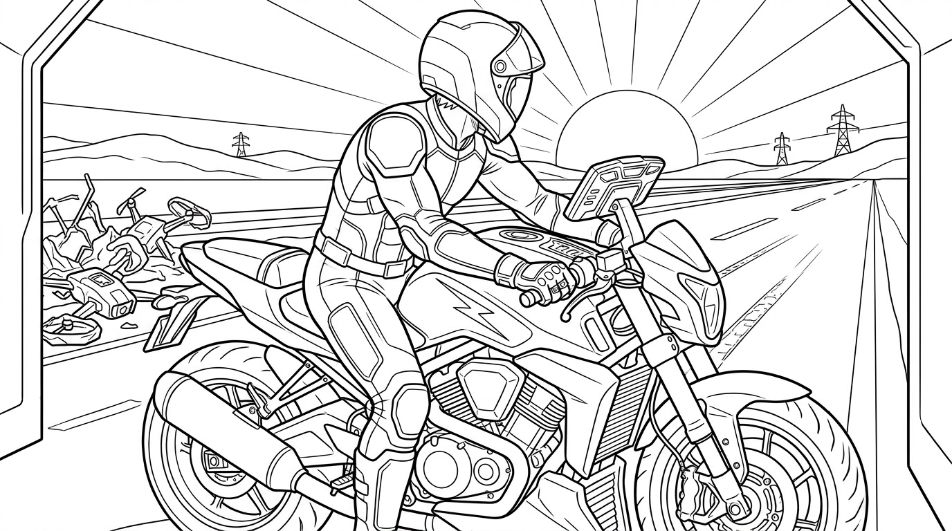 Coloring page from a mini story about a detailed motorcycle racing through a desert landscape. – page 4