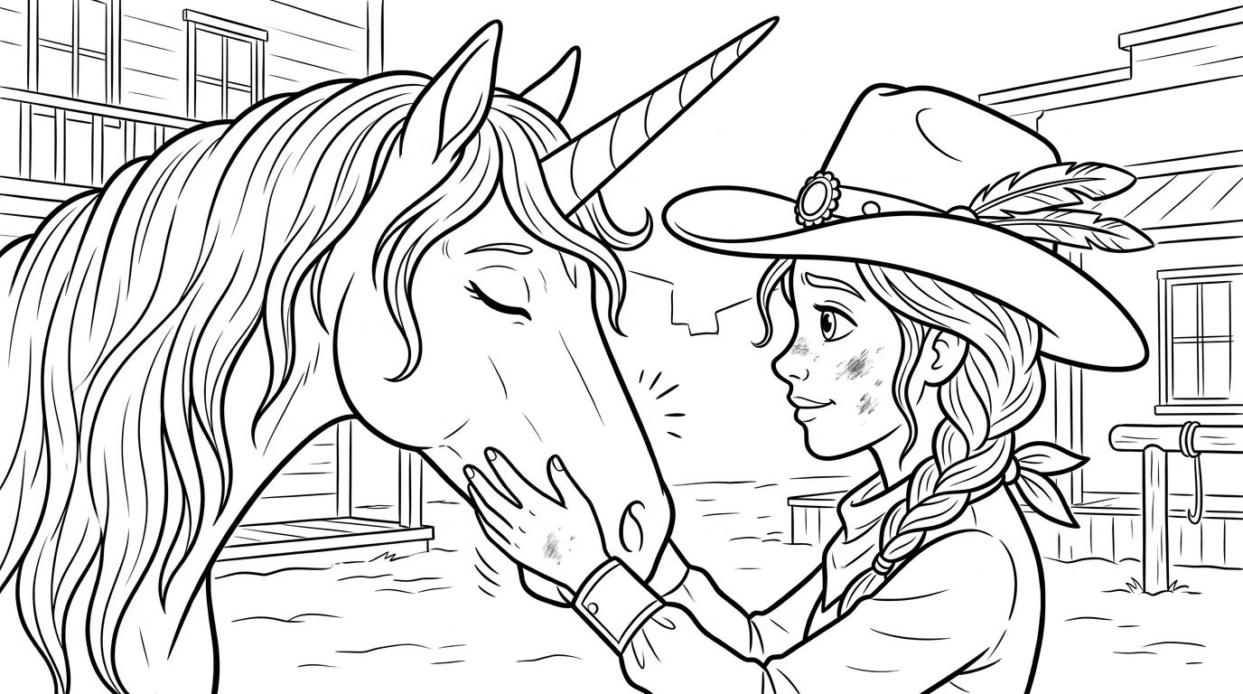 Coloring page from a mini story about the last unicorn of the Wild West and a brave cowgirl. – page 3