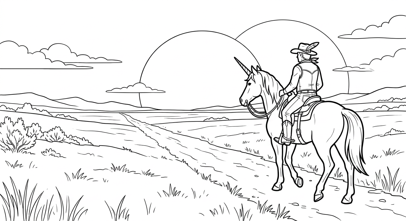 Coloring page from a mini story about the last unicorn of the Wild West and a brave cowgirl. – page 4