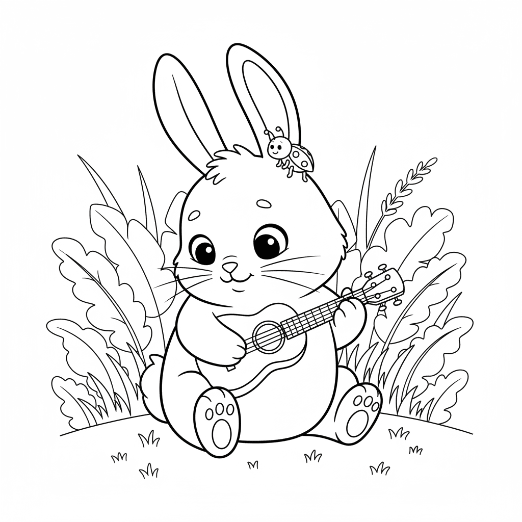 Coloring page from a mini story about a little bunny playing the ukulele for a dancing ladybug. – page 3