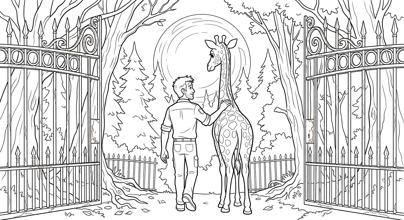 Coloring page from a mini story about a zookeeper and a giraffe at the zoo. – page 4