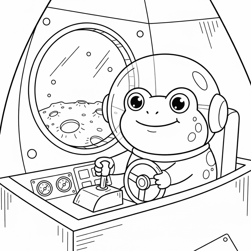 Coloring page from a mini story about a little frog flying a cardboard rocket to the moon and meeting an alien. – page 3