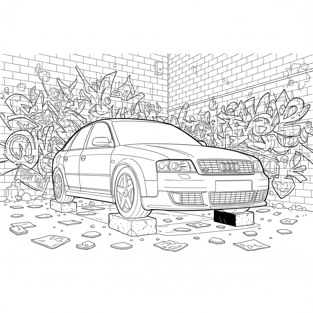 Ein Audi RS6 C5 von 2004, ohne Räder, in einer Gasse mit…