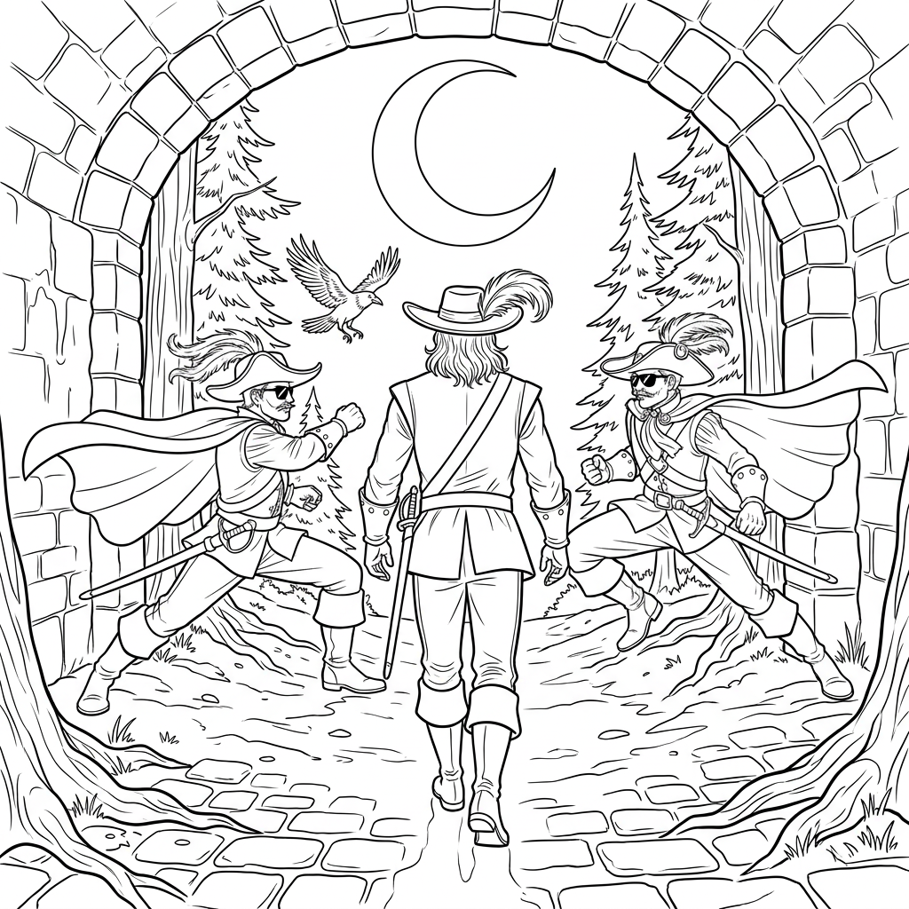 Coloring page from a mini story about three musketeers wearing sunglasses and crossing swords. – page 4
