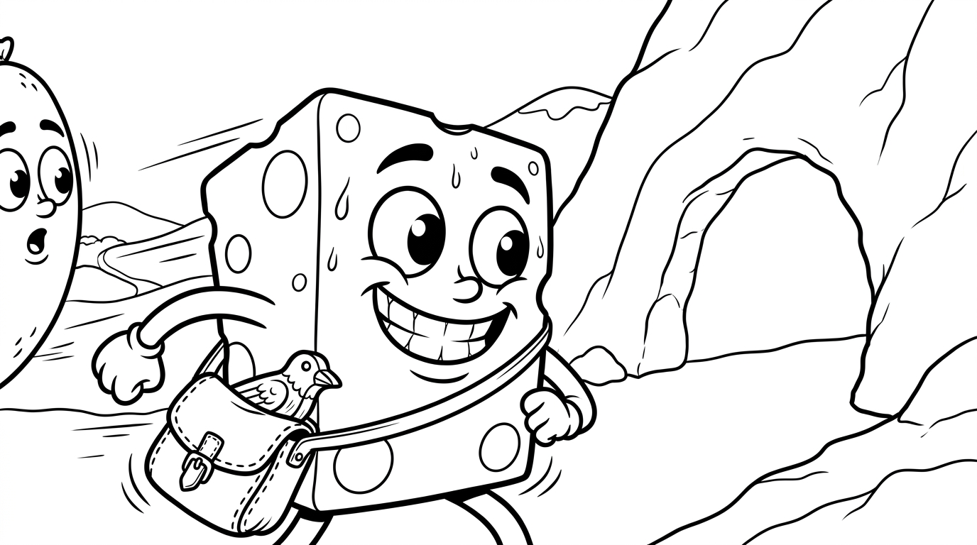 Coloring page from a mini story about a happy cheese being chased by a laughing sausage. – page 3