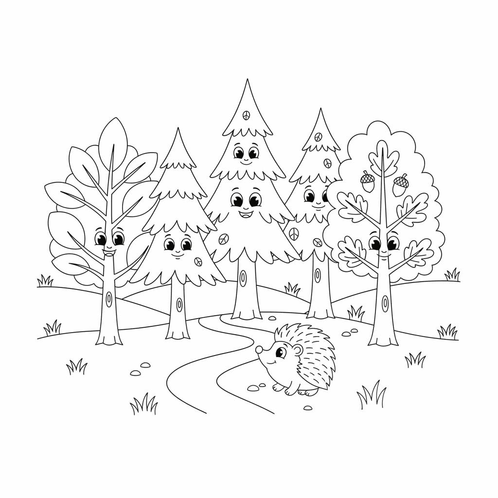 Coloring page of a happy forest with smiling trees and a cute hedgehog walking along.