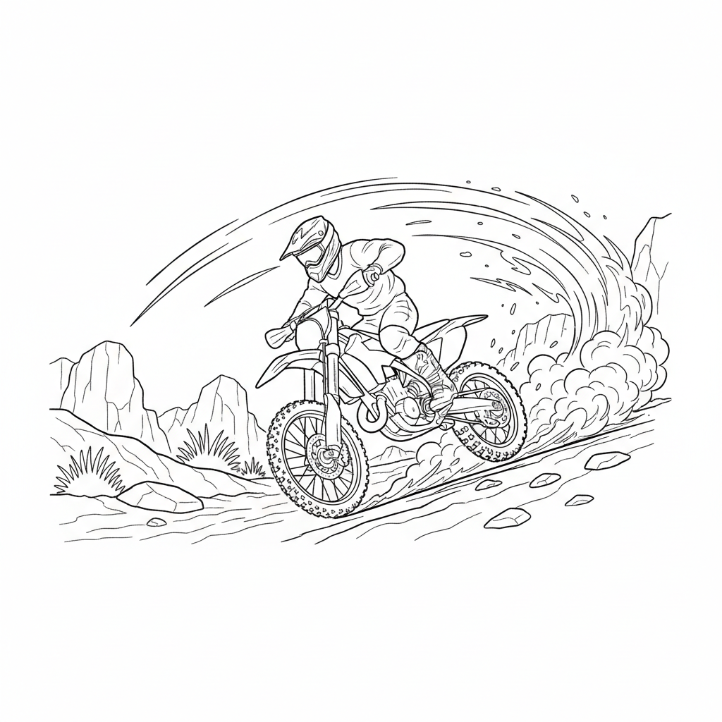 Coloring page from a mini story about a motocross rider kicking up dust on an off-road track.