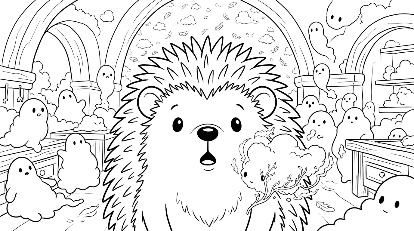 Coloring page from a mini story about a little hedgehog discovering a secret cloud workshop. – page 3