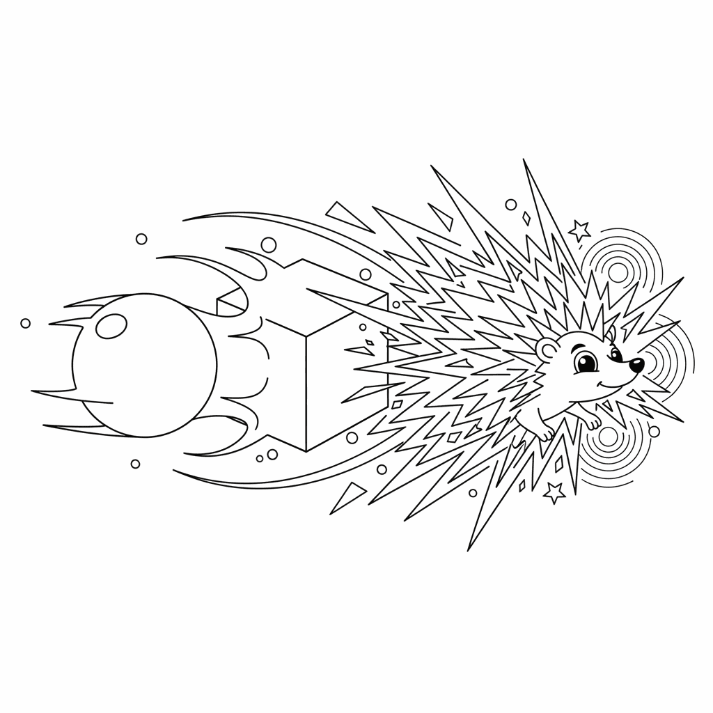 Coloring page of a geometric shape transforming into a hedgehog.