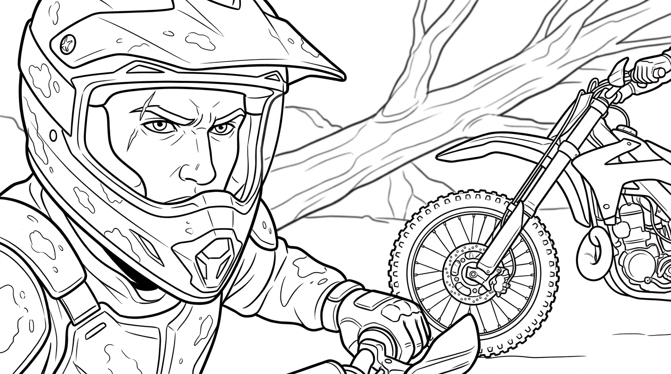 Coloring page from a mini story about a motocross rider kicking up dust on an off-road track. – page 3