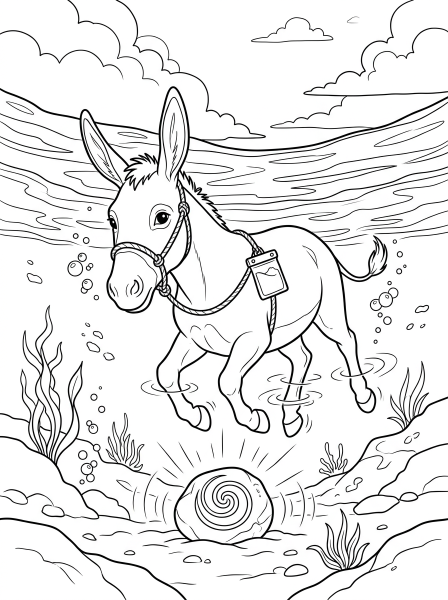 Coloring page from a mini story about a determined donkey swimming the English Channel. – page 3