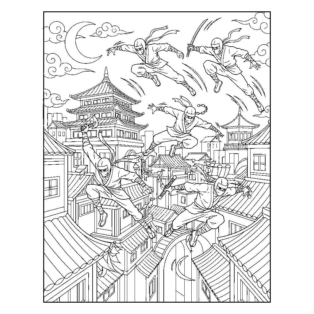 Coloring page from a mini story about ninjas leaping through a dark city at night. The Ninja Master is featured.
