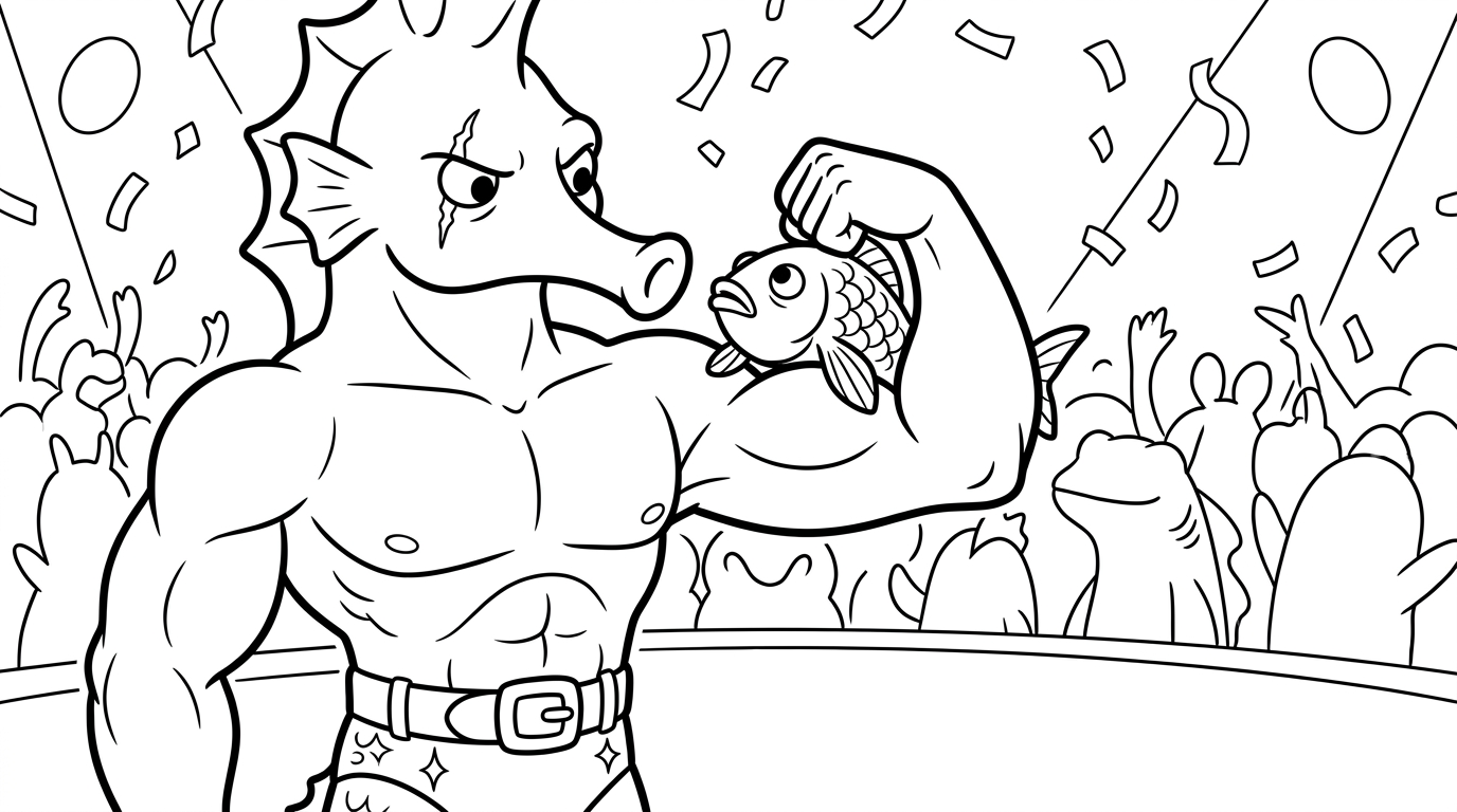 Coloring page from a mini story about a muscular seahorse bodybuilder winning the Mr. Universe contest. – page 3