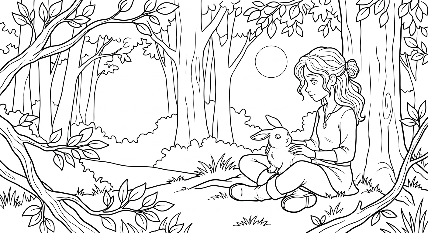 Coloring page from a mini story about a girl solving the secret of the forest, featuring two bunnies sitting back-to-back. – page 4