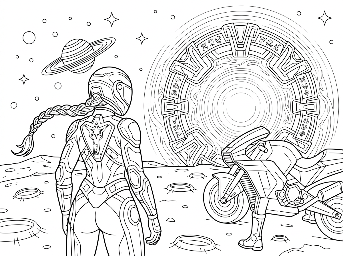 Coloring page from a mini story about a cosmic motorcycle jumping over a moon landscape. – page 2