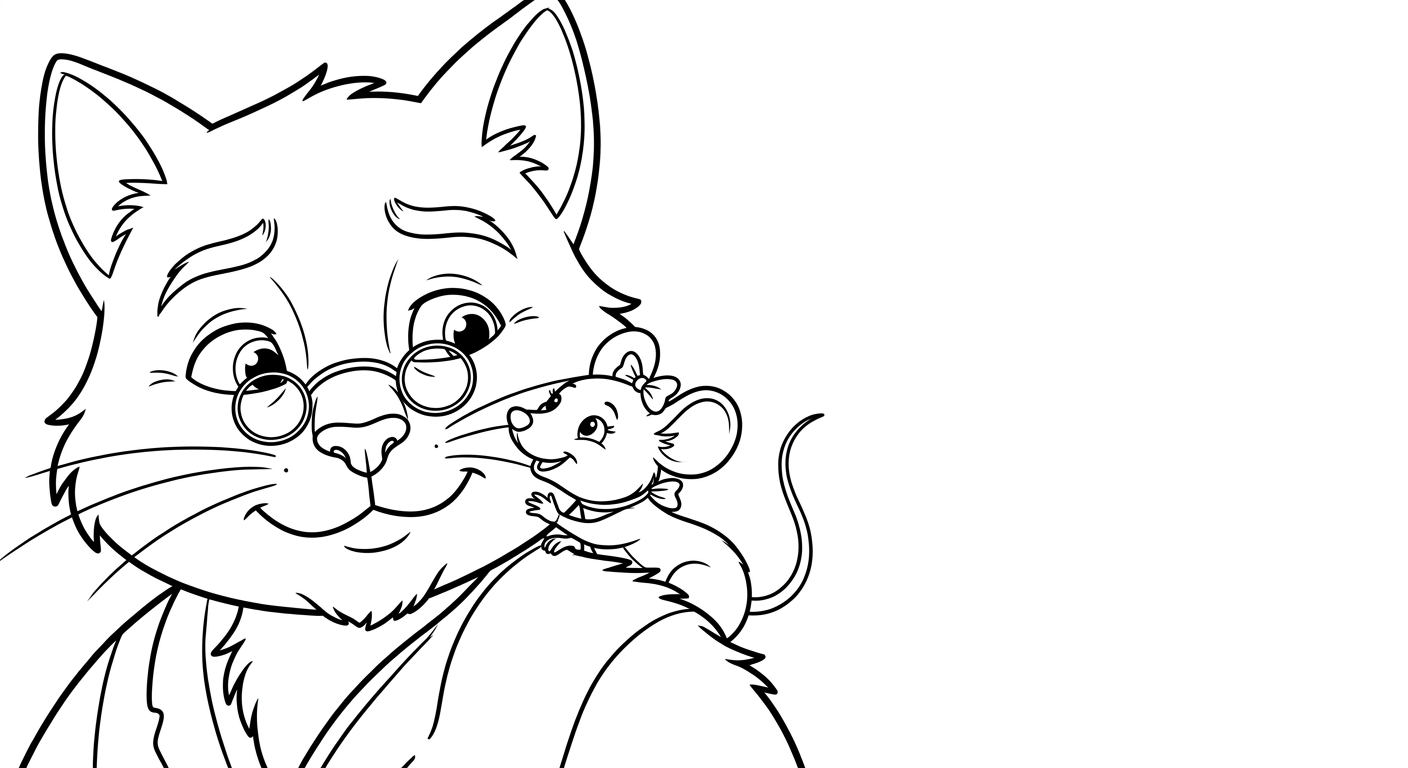 Coloring page from a mini story about a clever cat reading to a little mouse. – page 3