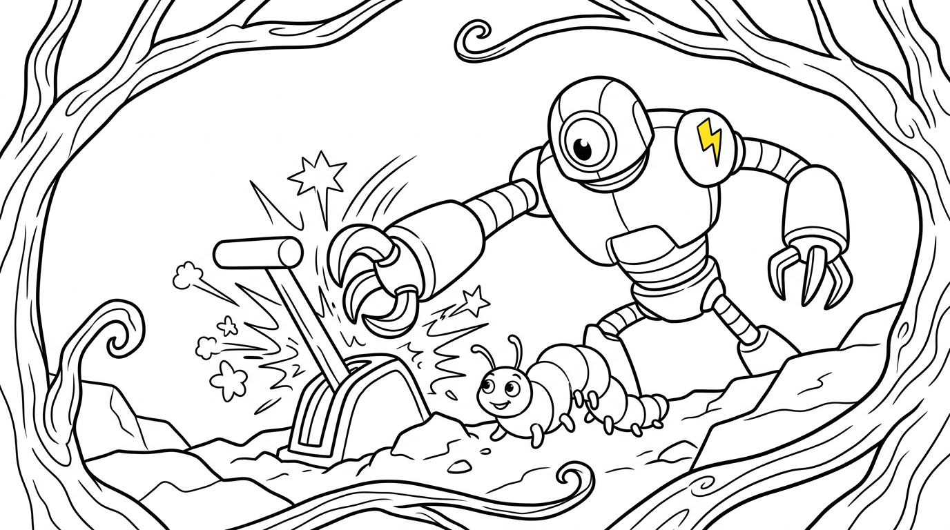 Coloring page from a mini story about a hungry caterpillar eating through different foods and meeting a robot. – page 3