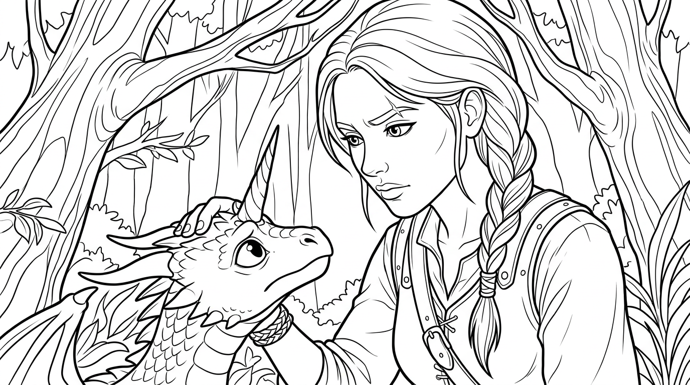 Coloring page from a mini story about the Unicorn Dragon, featuring a young adventurer. – page 3