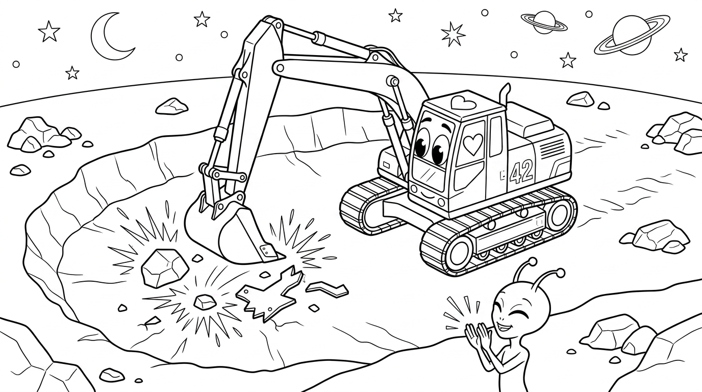 Coloring page from a mini story about a construction digger falling in love with an alien. – page 4