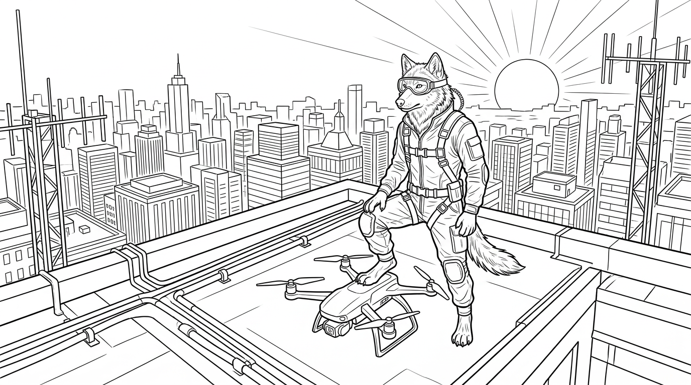 Coloring page from a mini story about a wolf parachuting into a city. – page 4
