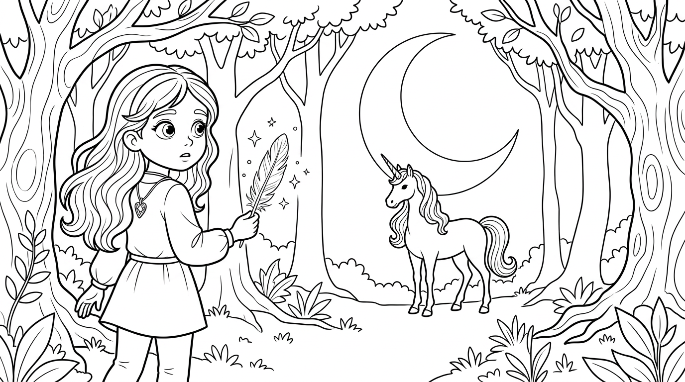 Coloring page from a mini story about two children discovering a unicorn in an enchanted forest. – page 4