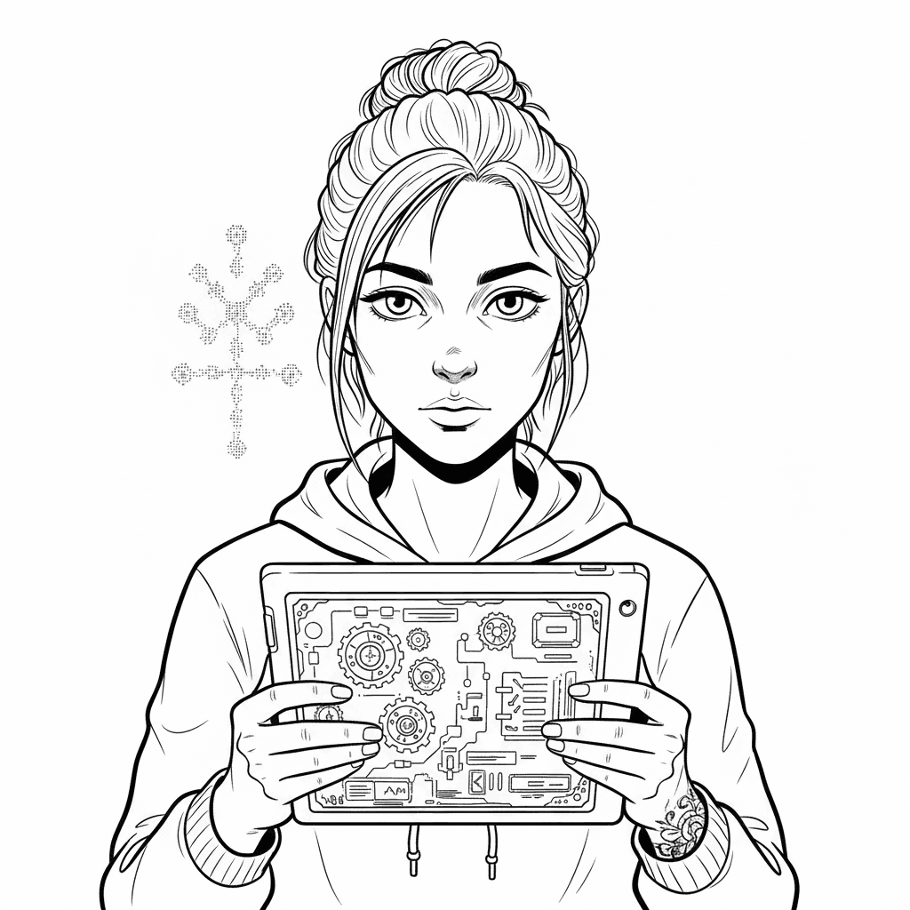 Coloring page from a mini story about a data echo, where a seeker finds messages sent through the internet. – page 3